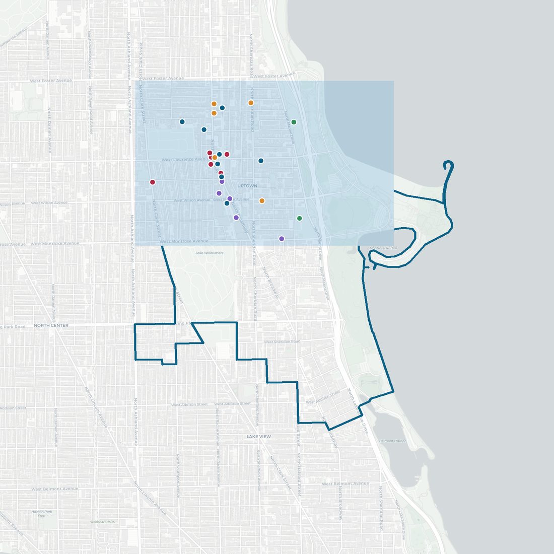 Map of Uptown, Chicago, with music venues, public art, restaurants, parks, and landmarks marked